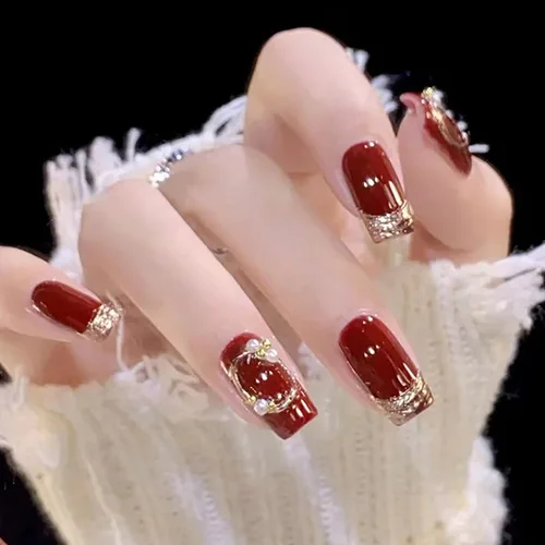 Uñas postizas cuadradas de longitud media, uñas postizas acrílicas artificiales con diseños de diamantes de imitación de perlas rojas, juego de 24