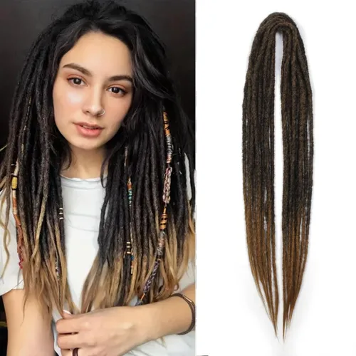 Miniatura 55 de Extensiones de rastas trenzadas bohemias de 24 pulgadas, 10 hebras de rastas sintéticas rizadas color marrón degradado con trenza de caja, rastas