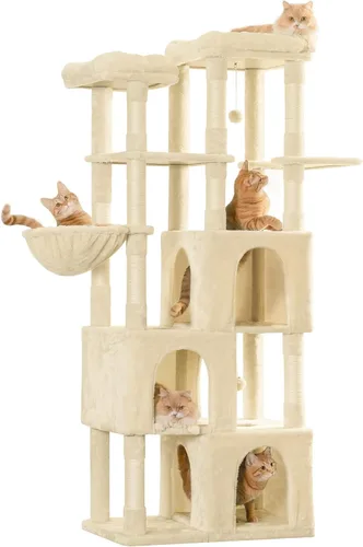 Miniatura 12 de MWPO Árbol grande para gatos de interior, torre de gatos de 63 pulgadas con 3 condominios para gatos, postes rascadores, pedestales acolchados, Beige