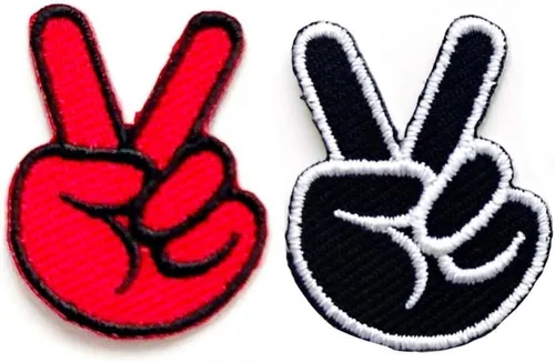 PL - Juego de 2 minúsculas de dos dedos signo de paz rojo negro motociclista motocicleta lindo logotipo de dibujos animados 1 coser hierro en