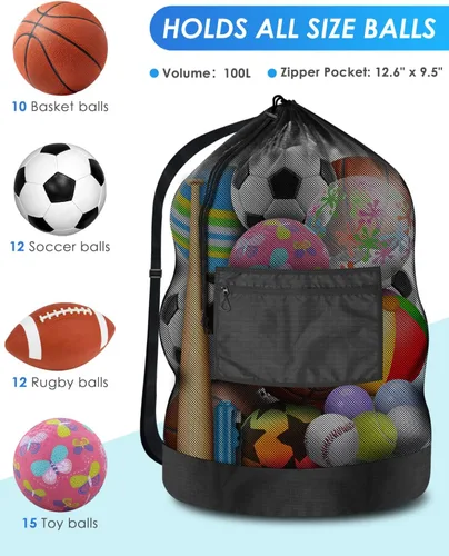 Miniatura 2 de BROTOU Heavy Duty Soccer Ball Net Bag(100L Extra Large Capacity 10-12Balls), Drawstring Mesh Ball Bag with Zipper Pocket, Sports Equipment Storage