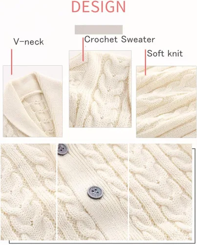 Miniatura 5 de Feidoog - Chamarra de punto con botones para bebés, suéter de ganchillo con cuello en V, suéter de punto para niños pequeños, patrón de punto