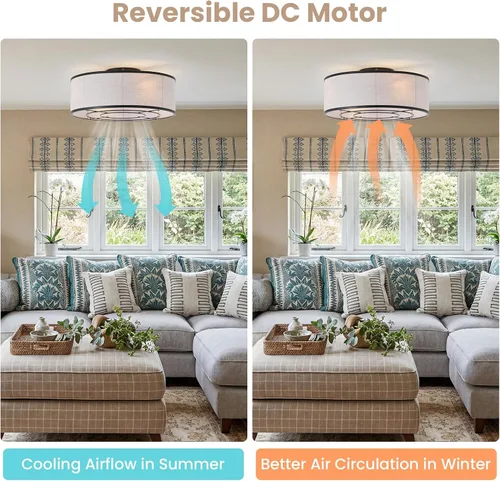Miniatura 6 de 20 Inch Boho Ceiling Fan with Light, Low Profile Flush Mount Caged Ceiling Fan, Bladeless Black Drum Chandelier with Remote, 6 Speed Reversible DC