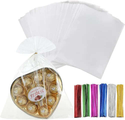 Miniatura 9 de 200 bolsas de celofán planas de celofán de 7 x 12 pulgadas con lazos torcidos de 6 colores, embalaje de galletas, dulces, postres de regalo, bolsas