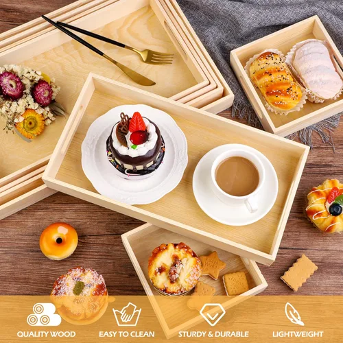 Miniatura 4 de Aodaer 7 bandejas de madera, bandejas de madera anidadas para servir, bandeja rectangular de madera con asas para cocina, fiesta, cena, aperitivos