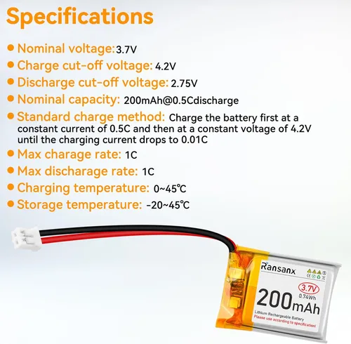 Miniatura 4 de Batería Lipo de 3.7 V 200 mAh 502025 Batería recargable de polímero de litio con conector Micro JST 2.0 Circuito de protección integrado