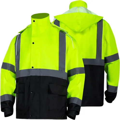 Miniatura 2 de Traje de Lluvia de Alta Visibilidad Clase 3 con Capucha Plegable en Lima Reflectante, Chaqueta y Pantalones de Seguridad Impermeables