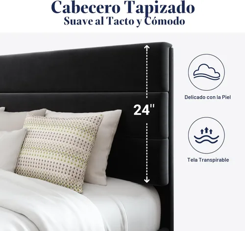 Miniatura 4 de Allewie Base de cama de plataforma tamaño King con cabecera tapizada de terciopelo y soporte de listones de madera, base de colchón totalmente Negro