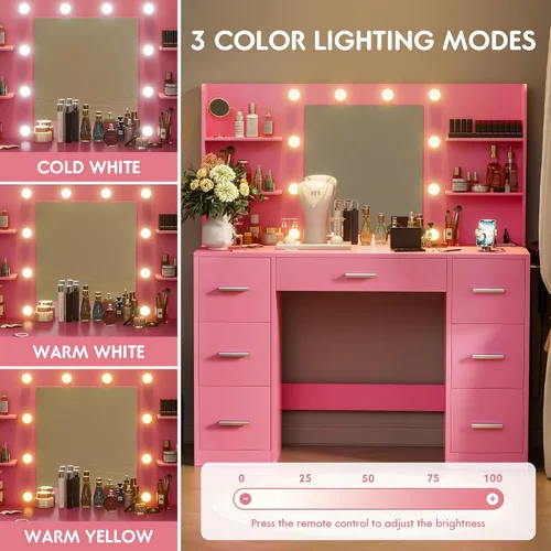 Miniatura 4 de VICTONE Escritorio de tocador con espejo iluminado LED y toma de corriente, 3 modelos de luces, mesa de tocador de maquillaje con 7 cajones y 6