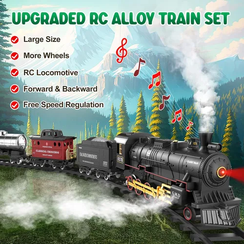 Miniatura 3 de Hot Bee Juego de tren para niños, juguetes de tren de aleación a control remoto con locomotora de vapor, vagones de carga, vías, trenes con luces