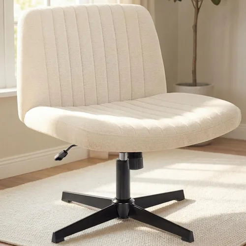 NEO Chair Silla Criss Cross sin ruedas, sin brazos, con patas cruzadas, escritorio de oficina, silla ancha y cómoda de tocador para maquillaje, Beige