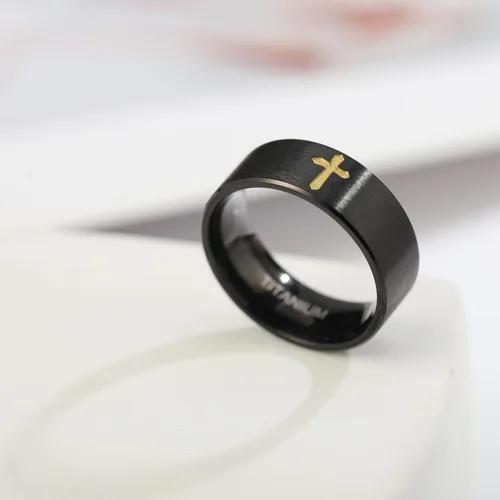 Miniatura 9 de Anillos de cruz para hombre, anillos de titanio puro de alta calidad para hombres, señor Jesús cristiano, 0.315 in, negro, plata, anillo de boda