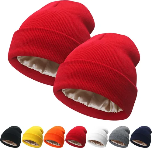 Miniatura 13 de NPQQUAN 2 PCS Satin Lined Beanie for Women Silk Lined Beanies Winter Warm Soft Lining Cuffed Knit Beanie Hats for Women