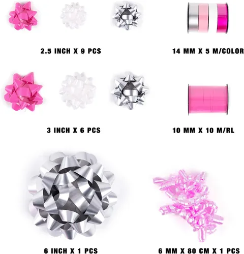 Miniatura 2 de WRAPAHOLIC Surtido de 19 lazos de regalo, 16 lazos de regalo de varios colores (rosa, blanco, plateado), 2 cintas rizadoras prensadas, 1 lazo rizado