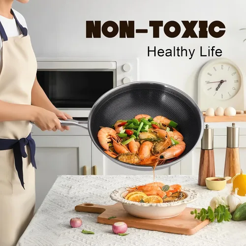 Miniatura 6 de Wok híbrido de 13 pulgadas con tapa, woks de acero inoxidable y sartenes antiadherentes, sin PFOA, apto para lavavajillas y horno, compatible