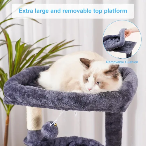Miniatura 4 de Hey-brother Árbol para gatos, torre para gatos de interior, casa para gatos con cama acolchada grande, acogedor condominio, hamacas, postes Gris