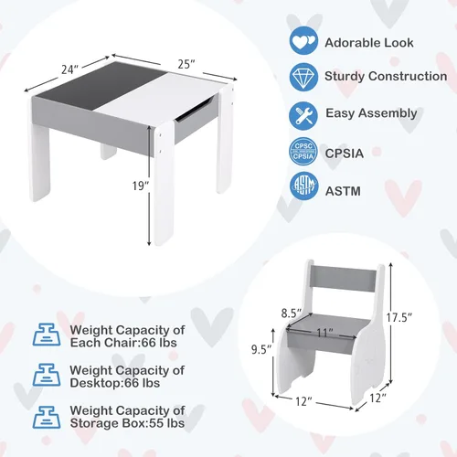 Miniatura 6 de Costzon Juego de mesa y silla para niños, mesa de actividades de madera 4 en 1 y 2 sillas con pizarra desmontable para arte, manualidades, dibujo