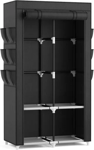 Miniatura 9 de VTRIN Armario portátil para colgar ropa con 4 estantes de almacenamiento, 2 varillas para colgar y 6 bolsillos, estante de ropa estable y de fácil
