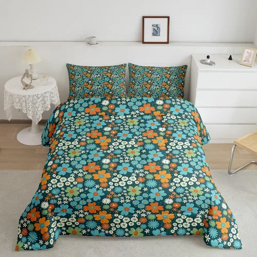 Miniatura 2 de Juego de ropa de cama floral retro, tamaño individual, vintage de los años 70 y 60, juego de edredón para niños, adultos y adolescentes, juego