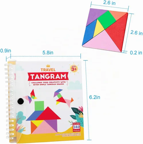 Miniatura 7 de Vanmor Rompecabezas de Tangram de viaje, 3 juegos de tangram magnético con solución 240, bloques de patrón de forma Montessori, rompecabezas