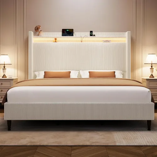 Miniatura 18 de Base de cama tamaño King con cabecera alta, base de cama tapizada con estación de carga y luces LED, moderna cabecera de almacenamiento con respaldo