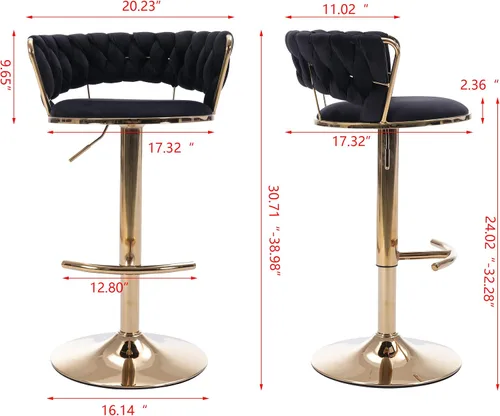 Miniatura 2 de Juego de 2 taburetes de bar tejidos de terciopelo, taburetes de cocina de altura ajustable, silla de isla, sillas de bar giratorias de 360°, chasis