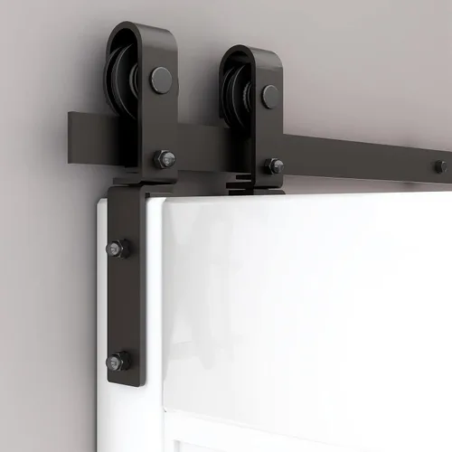 Miniatura 3 de Kit de rieles de herrajes para puerta corredera plegable de granero de 52", suave y silencioso, rodillo negro montado lateralmente, fácil
