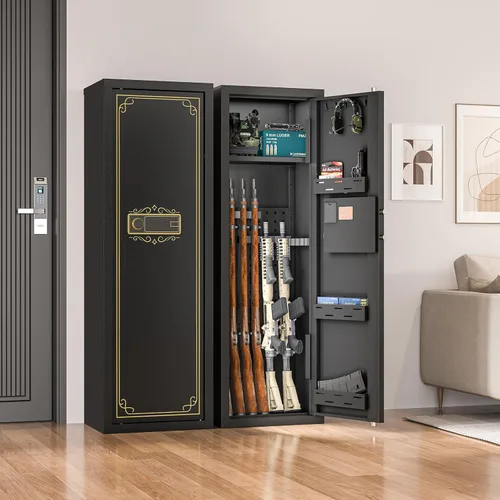 Miniatura 7 de KAER Caja fuerte biométrica 10-15 para rifles y pistolas, gabinete grande para armas con estantes extraíbles y estante ajustable, teclado de huellas