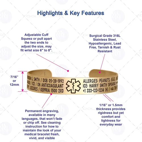 Miniatura 15 de Pulsera de identificación de alerta médica, acero inoxidable 316L, personaliza y personaliza, selecciona un tamaño de muñeca, de 6 a 9 pulgadas