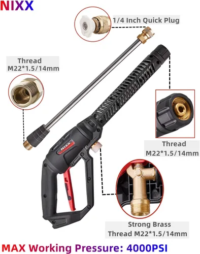 Miniatura 4 de NIXX Pistola de lavado a presión con varilla de extensión de lavado eléctrico 4000PSI, 5 puntas de boquilla de pulverizador, juego de adaptadores