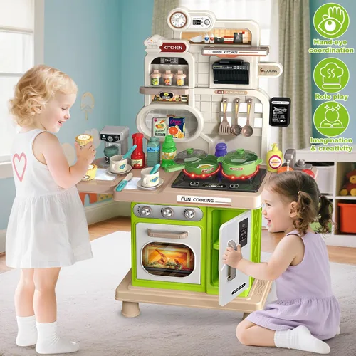 Miniatura 6 de Juego de cocina, juego de cocina para niños con sonido y luz realista, estufa de cocina, fregadero, comida de juego y accesorios, 57 piezas de Verde