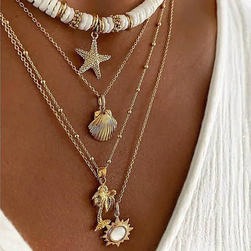 Miniatura 6 de Juego de collares en capas para mujeres y niñas, collares bohemios en capas doradas, collar con colgante de concha marina de festoneada, joyería
