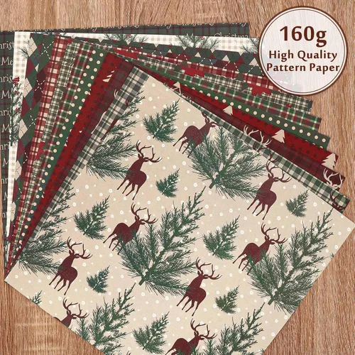 Miniatura 5 de Whaline 24 hojas de papel con patrón de Navidad, papel de cuadros para bosque, papel especial para álbum de recortes, doble cara, para manualidades