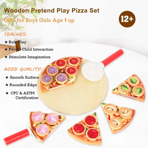Miniatura 3 de Juego de alimentos de simulación para cortar, juguete de cocina de madera para niños, juego de pizza de madera, accesorios de cocina de simulación