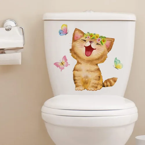 Miniatura 5 de Generic Calcomanías para tapa de inodoro con diseño de gato que ríe, diseño de gato blanco con dibujos animados, material de PVC impermeable