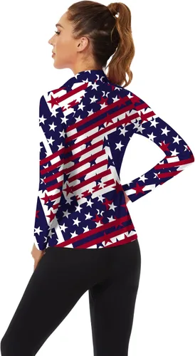 Miniatura 15 de WOWENY Camiseta deportiva de manga larga para mujer, con cremallera de un cuarto, cuello para entrenamiento, camiseta de tenis con estampado