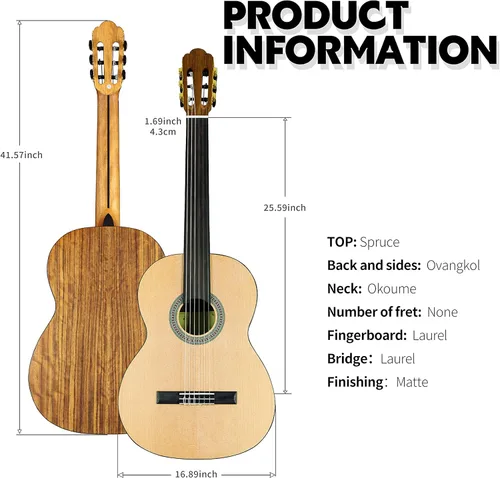Miniatura 2 de TARIO Guitarra clásica sin trastes de 39 pulgadas Guitarra acústica tamaño completo Tapa de abeto Ovangkol espalda y lados Okoume diapasón de laurel