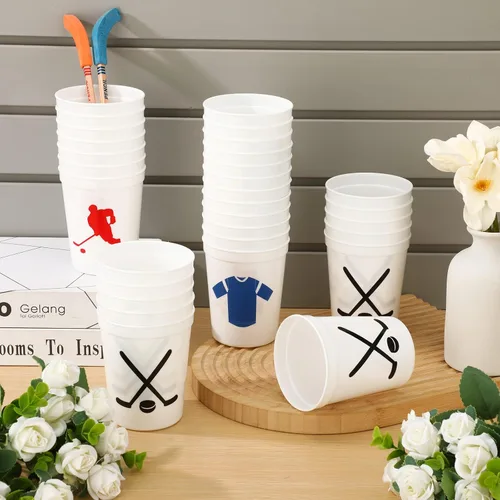 Miniatura 7 de Zhehao 30 vasos de plástico con pelota deportiva, vasos reutilizables de plástico para hockey, fútbol, baloncesto, vasos para estadios de 16 onzas
