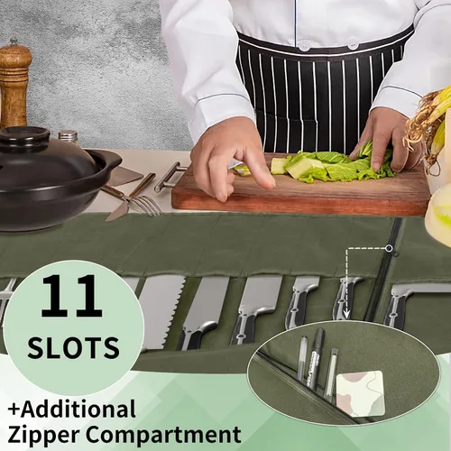 Miniatura 3 de lelezone Bolsa enrollable para cuchillos de chef, resistente al agua, funda de lona encerada para cuchillos, bolsas enrollables para chefs