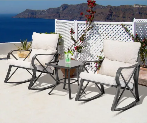 Miniatura 11 de AQUILLA Juego de 3 mecedoras de patio para exteriores, muebles de exterior con marco de metal, mesa redonda de vidrio templado, cojines gruesos