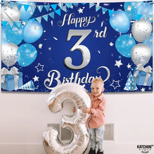 Miniatura 6 de KatchOn, Cartel de tercer cumpleaños azul y plateado – Xtralarge, 72 x 44 pulgadas Decoraciones azules de tercer cumpleaños para niños y niñas