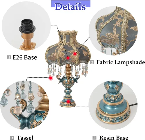 Miniatura 8 de Lámpara de mesa de estilo victoriano, lámpara de mesa decorativa de flores antiguas, luz de noche de tela azul, elegante lámpara de mesita de noche