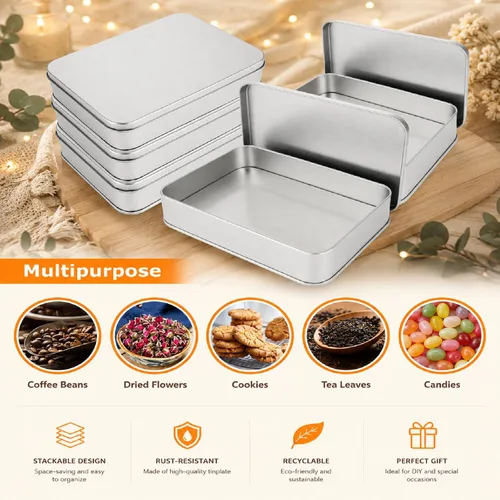 Miniatura 6 de Paquete de 8 cajas de latas de metal vacías con tapa, latas de galletas rectangulares de metal plateado para golosinas, regalos, regalos, velas