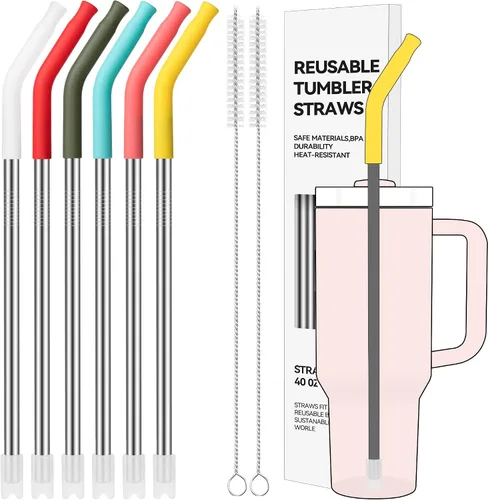 Miniatura 20 de Pajitas de Metal Rectas de 40 oz para Vaso Stanley de 40 oz, 6 Piezas Pajitas de Metal Reutilizables de Acero Inoxidable para Beber con Puntas de 2