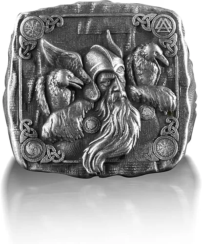 BySilverStone Jewelry - Anillo de plata Odin The Viking God with Raven Signet, joyería de mitología escandinava, anillo para hombre de Hugin Munin,