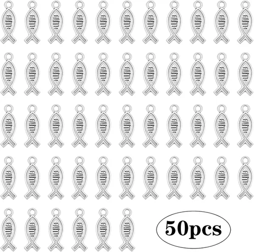 50 dijes con forma de pez cristiano de la fe y Jesús, de aleación vintage, suministros para manualidades, pulseras, collares, llaveros, joyería,