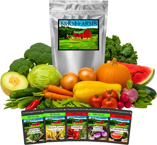 B&KM Farms Más de 30,000 semillas de supervivencia Kit de suministro para más de 5 años. 50 semillas de frutas y verduras sin OMG para plantar un