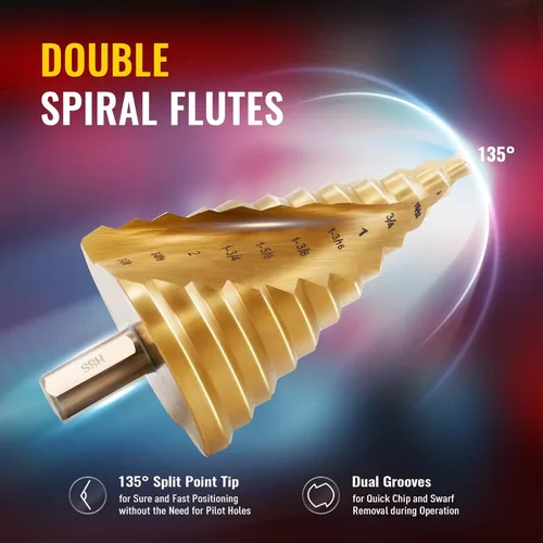 Miniatura 4 de ZELCAN Broca Escalonada de Ranura Espiral HSS Grande, 12 Tamaños Acero de Alta Velocidad con Titanio de 1/4" a 2-3/8" Pulgadas para Perforación