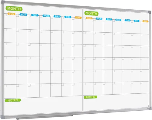 JILoffice Calendario magnético de borrado en seco, pizarra blanca de 2 meses, 36 x 24 pulgadas, marco de aluminio plateado, tablero montado en la