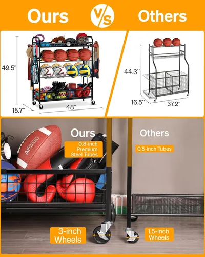 Miniatura 7 de EXTCCT Organizador de equipo deportivo de garaje, contenedor de almacenamiento de bolas rodantes con ruedas, estante de equipo deportivo de garaje